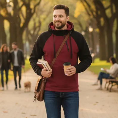 pánská hoodie mikina, černá a vínová, s kapucí, přes hlavu, moderní